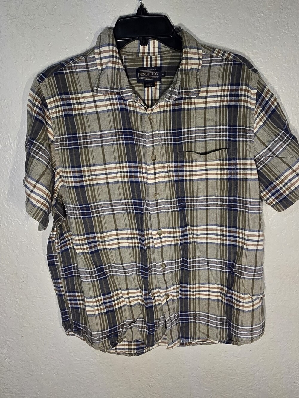Pendleton Olive, Navy & Cream Plaid Short-Sleeve Button-Up Shirt